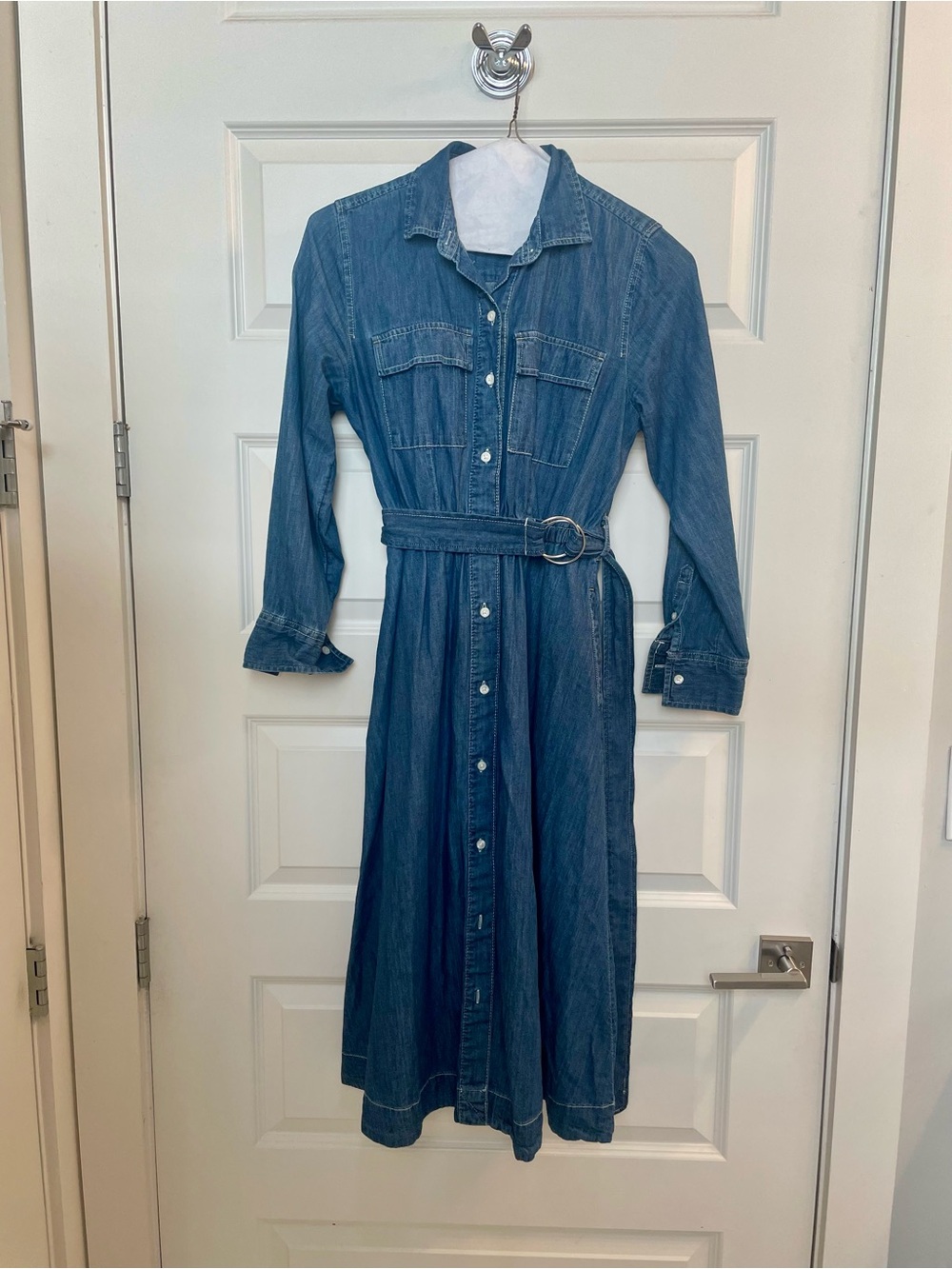 Free assembly Denim Button-Front Shirt Dress with Belt - Blue